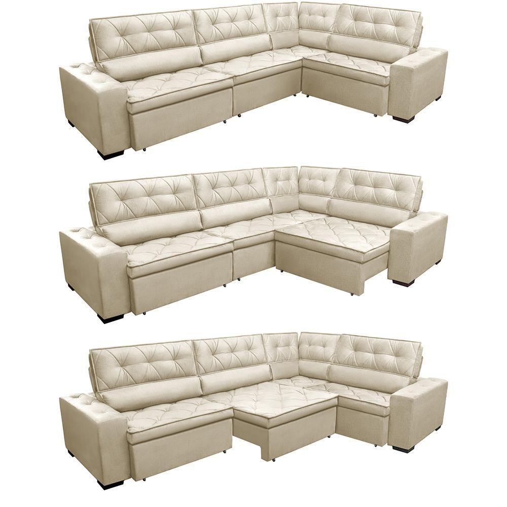 Sofa De Canto Retrátil E Reclinável Com Molas Cama Inbox Austin 3,45x2,44 Ou 2,44x3,45 Velusoft Bege - 3