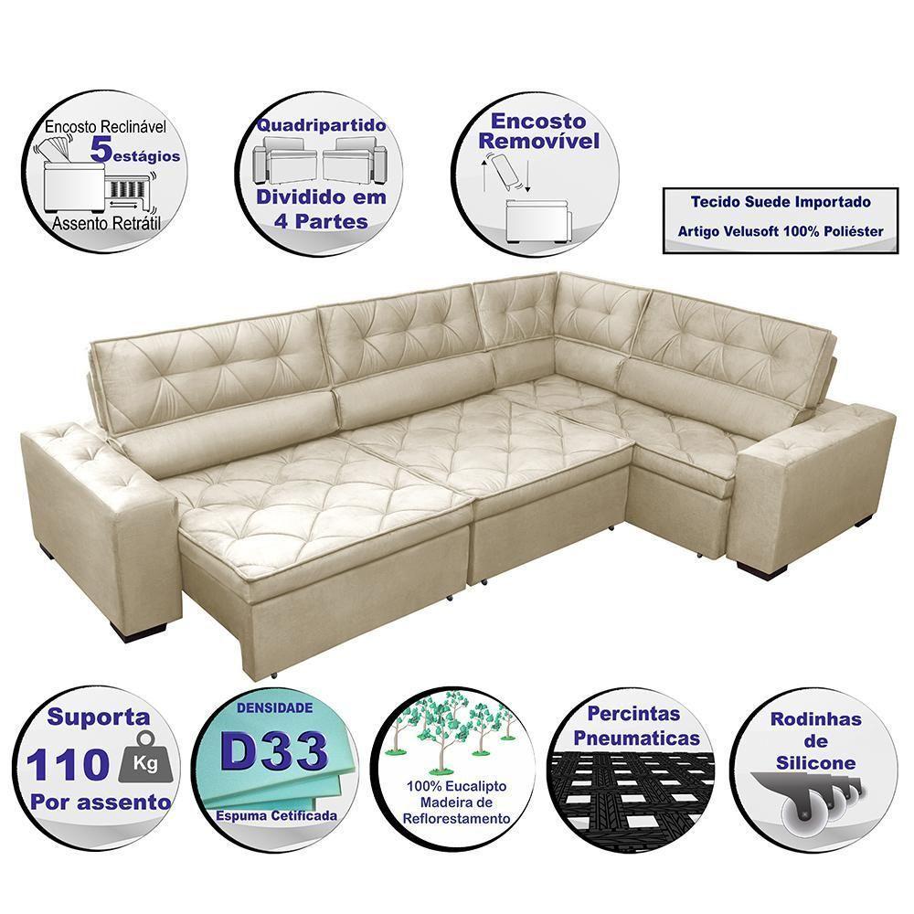 Sofa De Canto Retrátil E Reclinável Com Molas Cama Inbox Austin 3,45x2,44 Ou 2,44x3,45 Velusoft Bege - 7