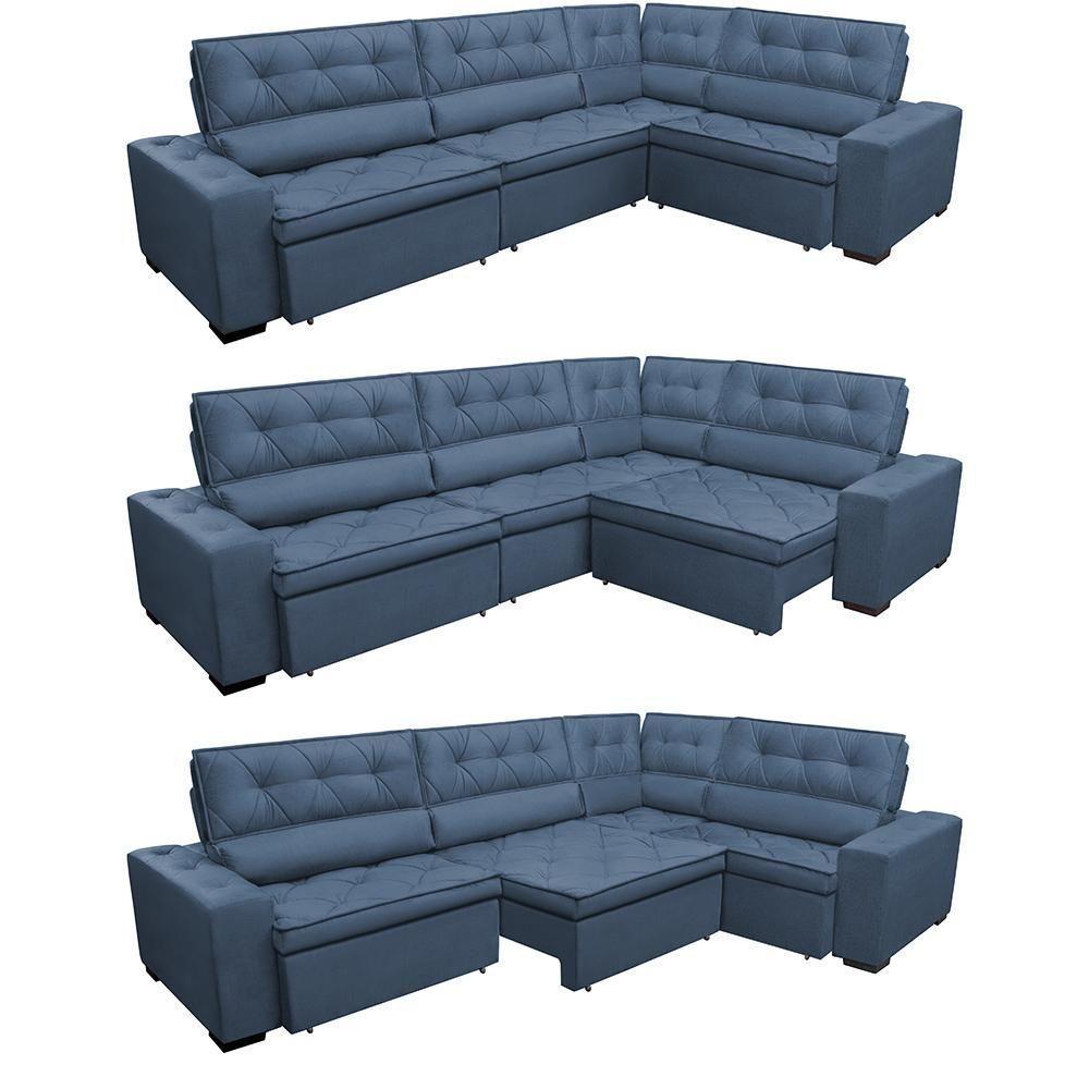 Sofa De Canto Retrátil E Reclinável Com Molas Cama Inbox Austin 3,65x2,54 Ou 2,54x3,65 Velusoft Azul - 3