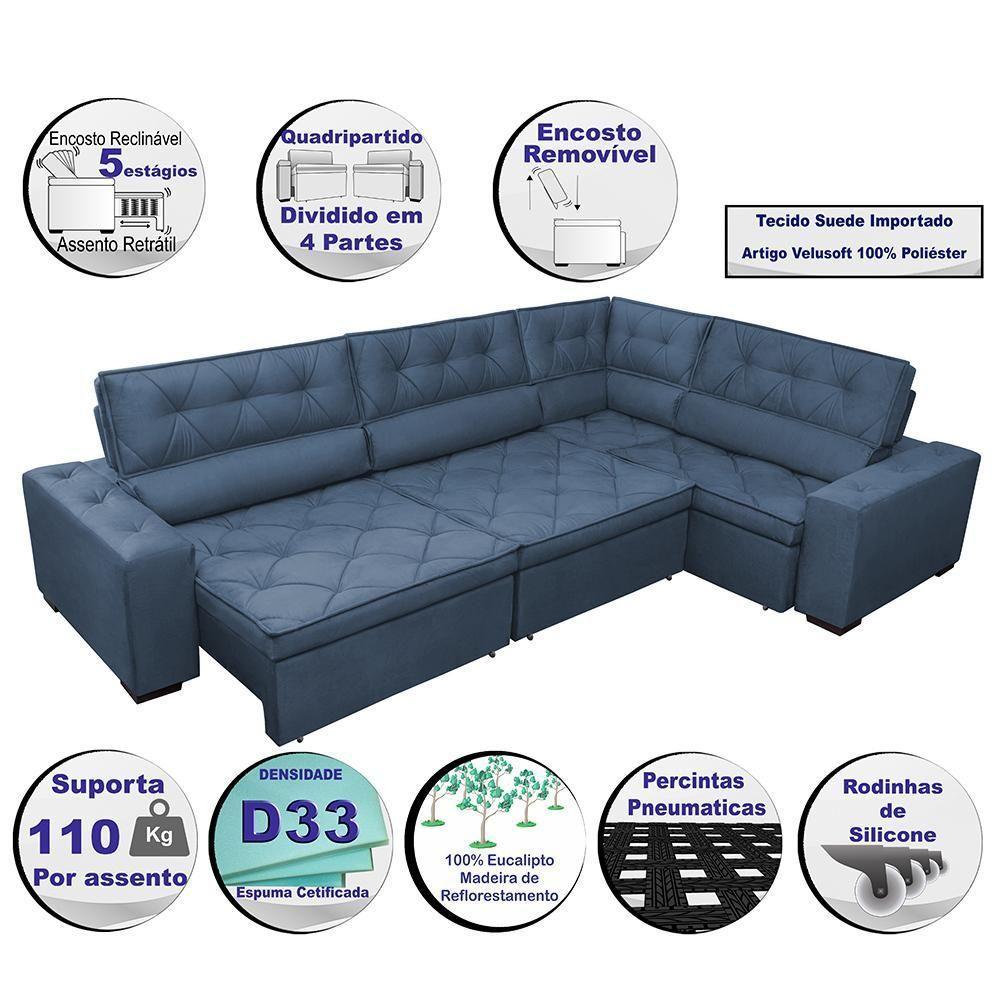 Sofa De Canto Retrátil E Reclinável Com Molas Cama Inbox Austin 3,65x2,54 Ou 2,54x3,65 Velusoft Azul - 7