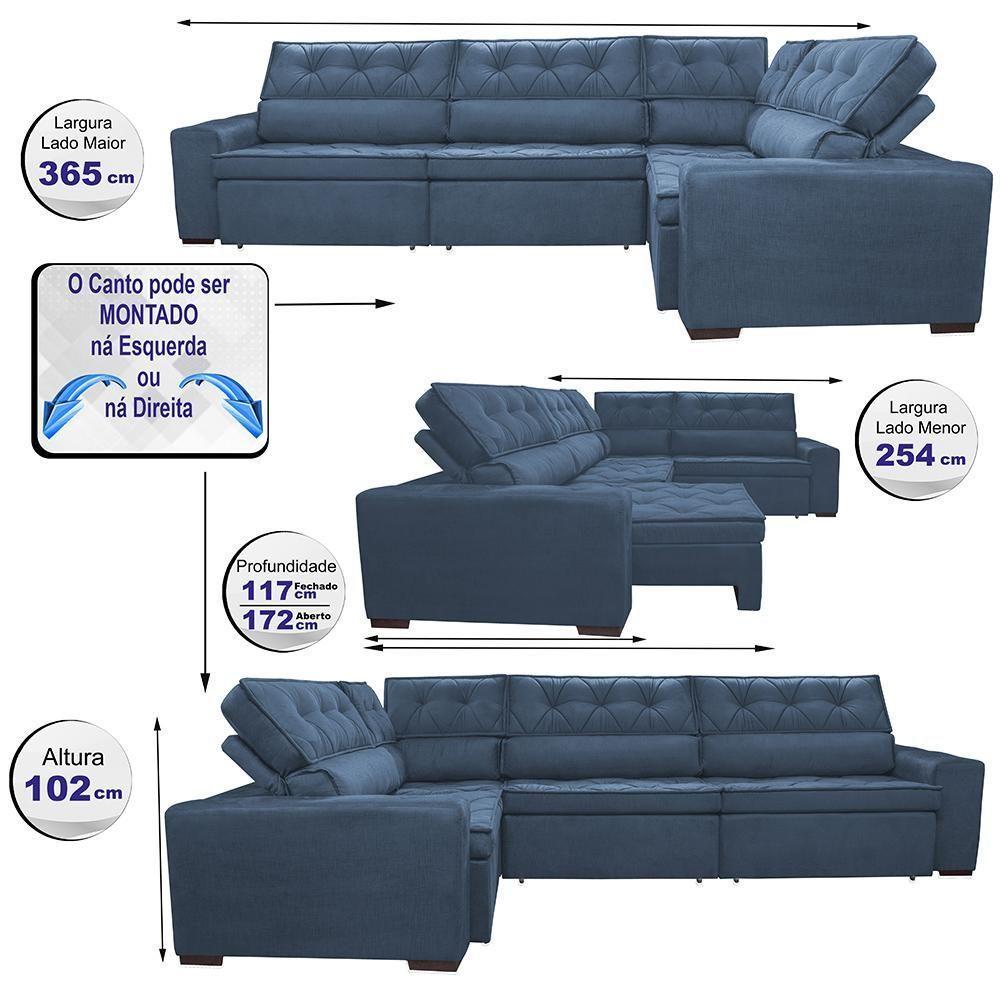 Sofa De Canto Retrátil E Reclinável Com Molas Cama Inbox Austin 3,65x2,54 Ou 2,54x3,65 Velusoft Azul - 8