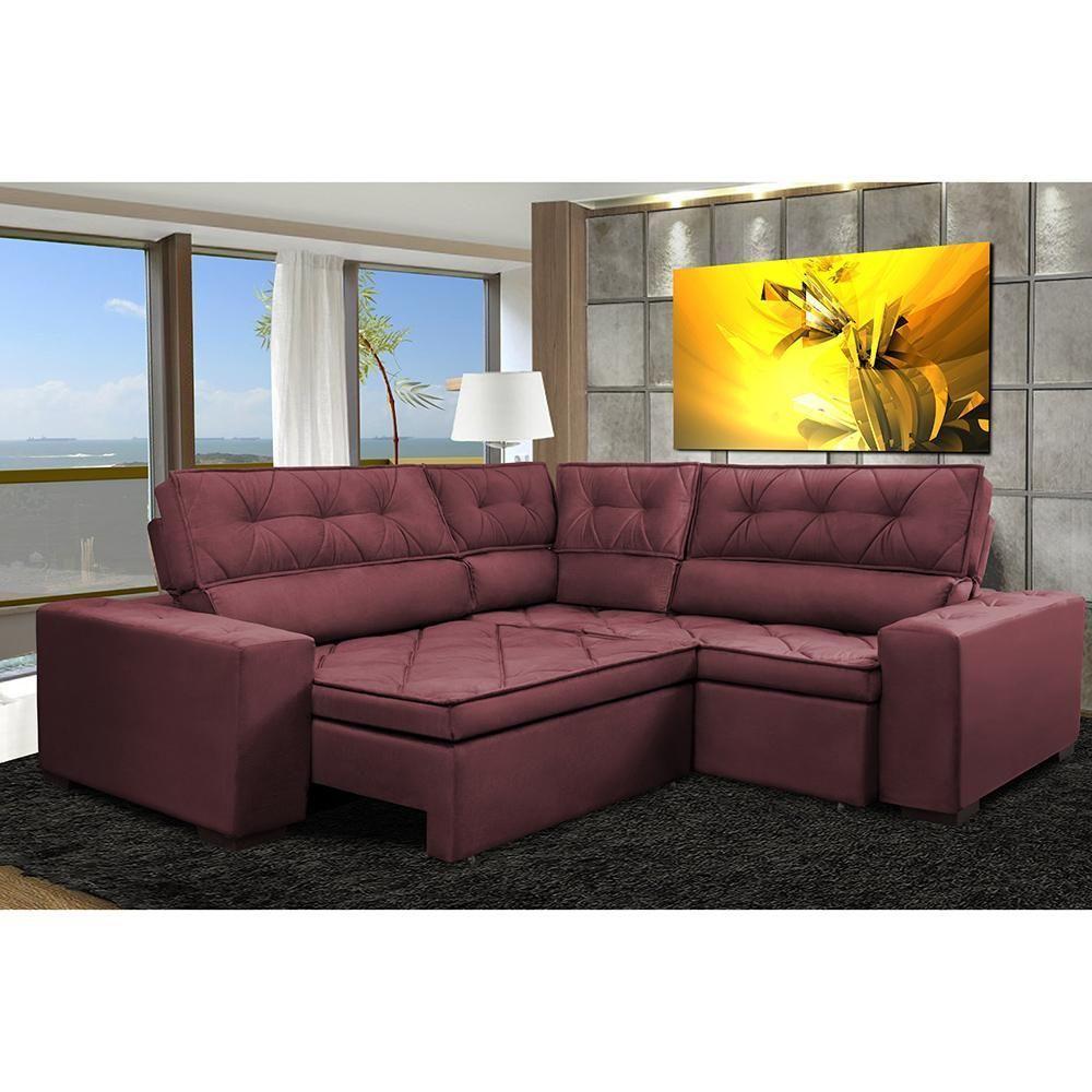 Sofa De Canto Retrátil E Reclinável Com Molas Cama Inbox Austin 2,50m X 2,50m Suede Velusoft Vinho - 1
