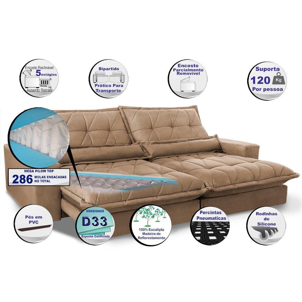 Sofa Retrátil E Reclinável 2,72m Com Molas Ensacadas Cama Inbox Soft Tecido Suede Castor - 6
