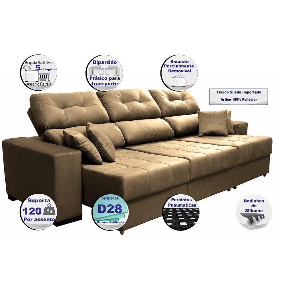 Sofá Retrátil E Reclinável Cama Inbox Diamond 2,52m Tecido Suede Velusoft Castor - 7
