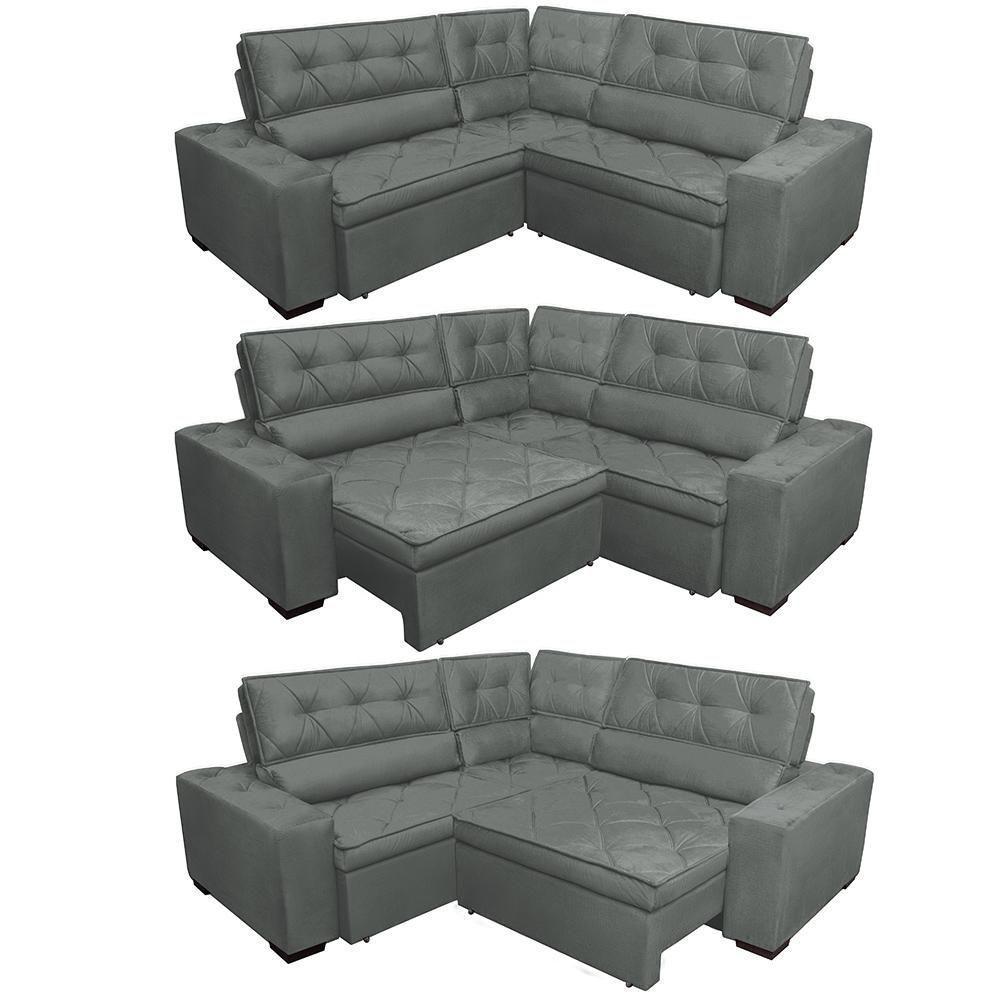 Sofa De Canto Retrátil E Reclinável Com Molas Cama Inbox Austin 2,60m X 2,60m Suede Velusoft Cinza - 2