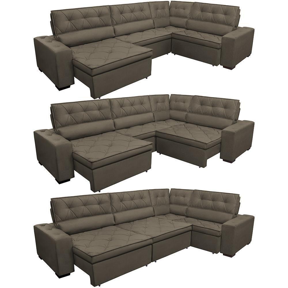 Sofa De Canto Retrátil E Reclinável Com Molas Cama Inbox Austin 3,85x2,64 Ou 2,64x3,85 Velusoft Café - 2