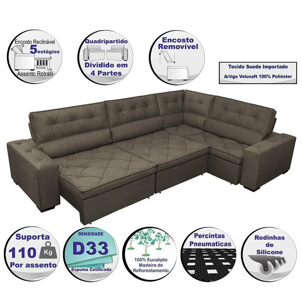 Sofa De Canto Retrátil E Reclinável Com Molas Cama Inbox Austin 3,85x2,64 Ou 2,64x3,85 Velusoft Café - 7