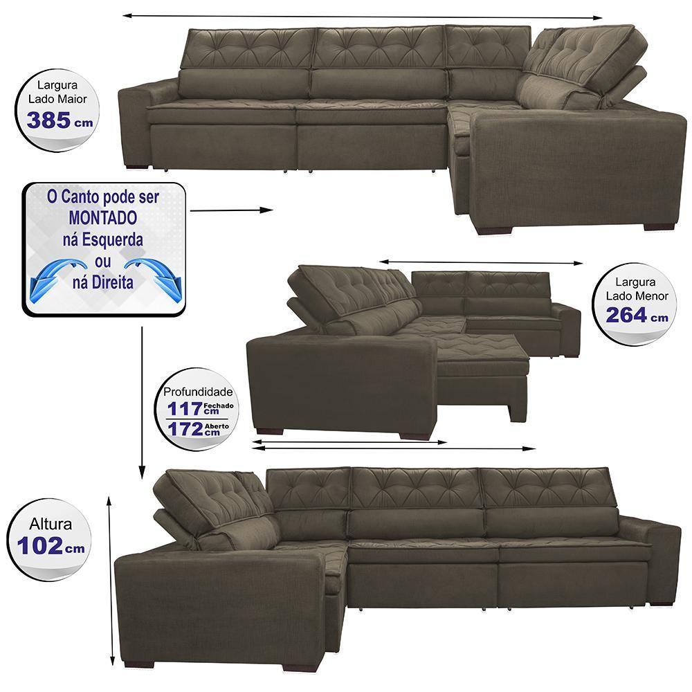Sofa De Canto Retrátil E Reclinável Com Molas Cama Inbox Austin 3,85x2,64 Ou 2,64x3,85 Velusoft Café - 8