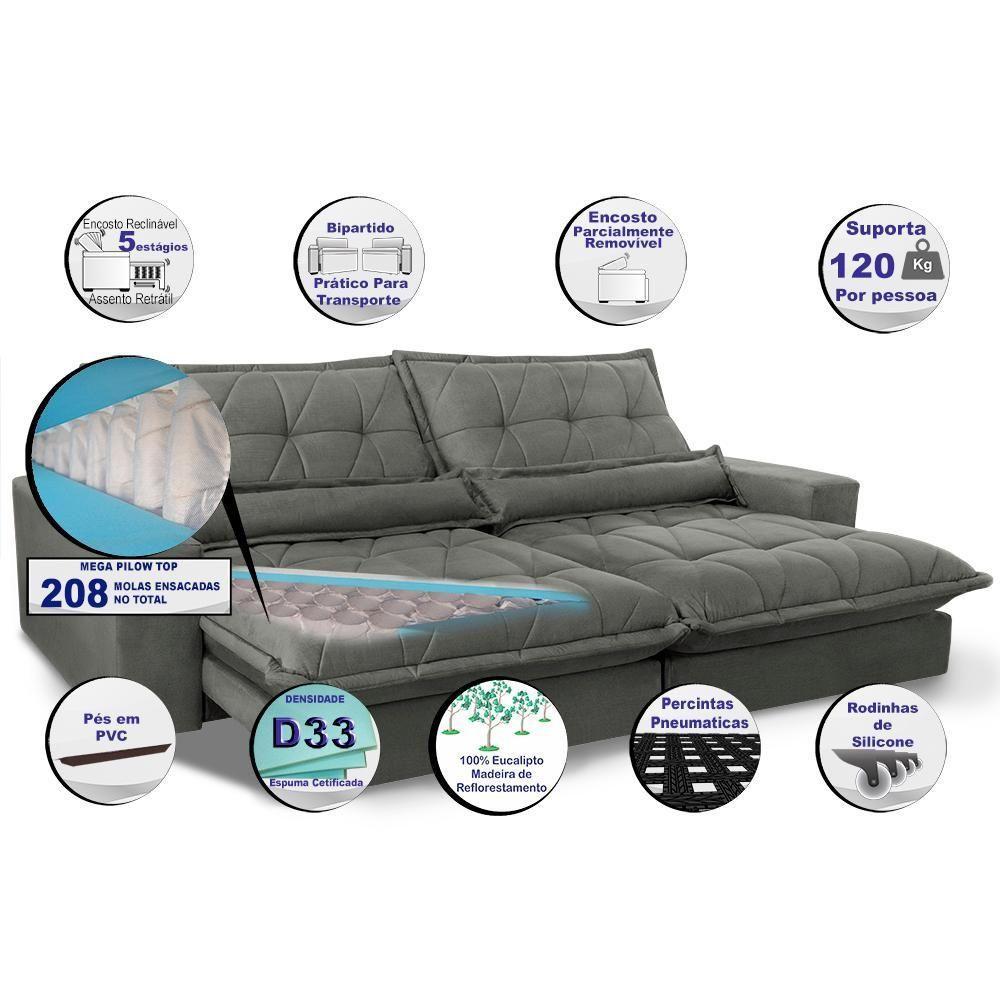 Sofa Retrátil E Reclinável 2,32m Com Molas Ensacadas Cama Inbox Soft Tecido Suede Cinza - 6