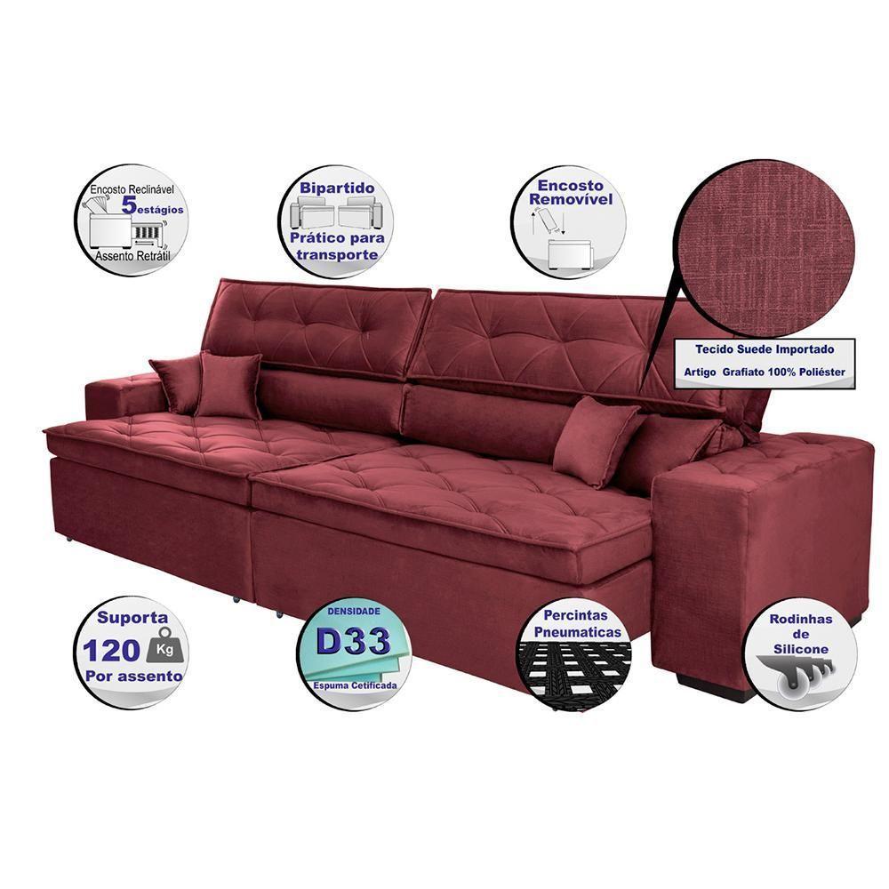 Sofá Austin 2,62m Retrátil, Reclinável Com Molas No Assento E Almofadas, Tecido Suede Vinho - 2