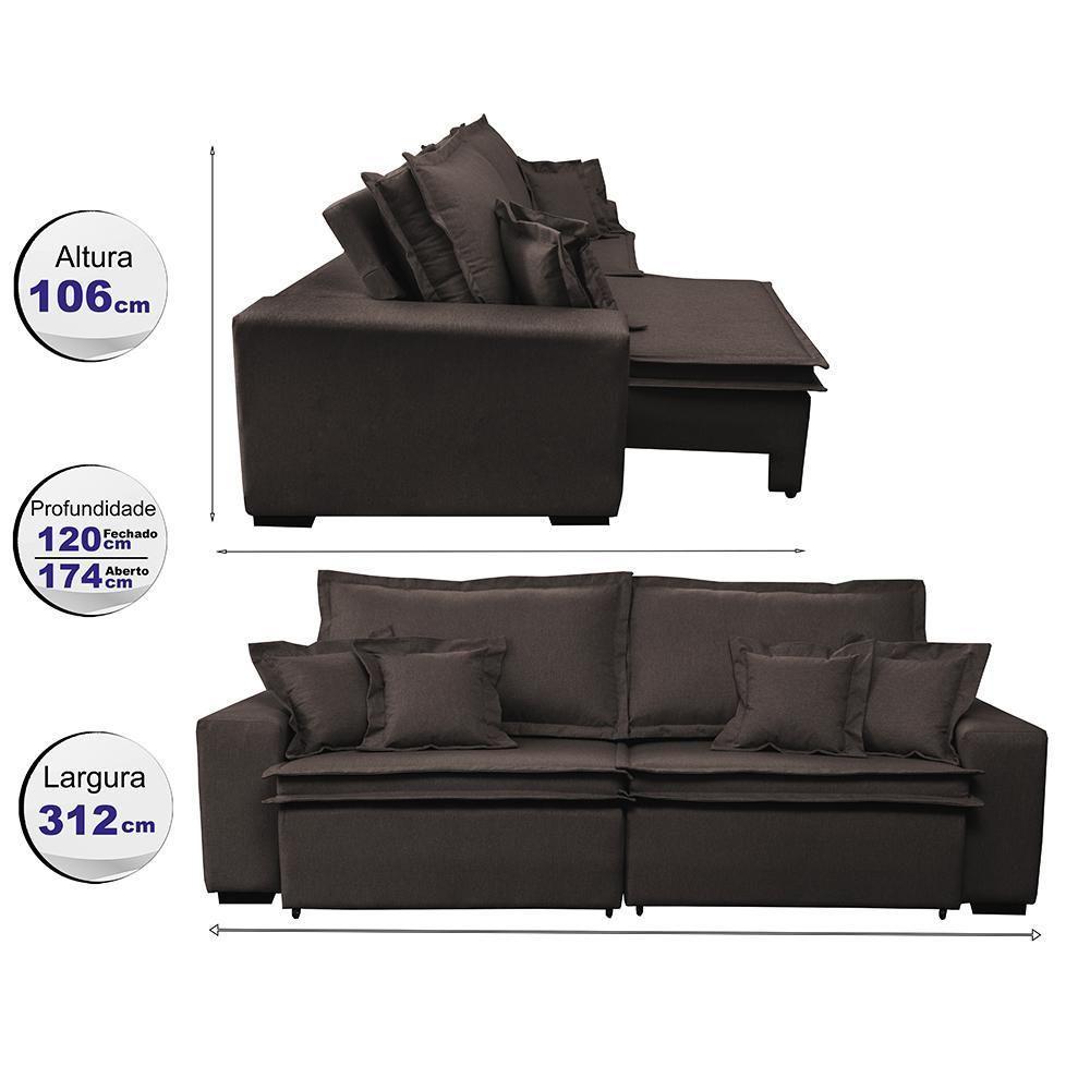 Sofa Retrátil E Reclinável Com Molas Cama Inbox Premium 3,12m Tecido Em Linho Marrom - 7