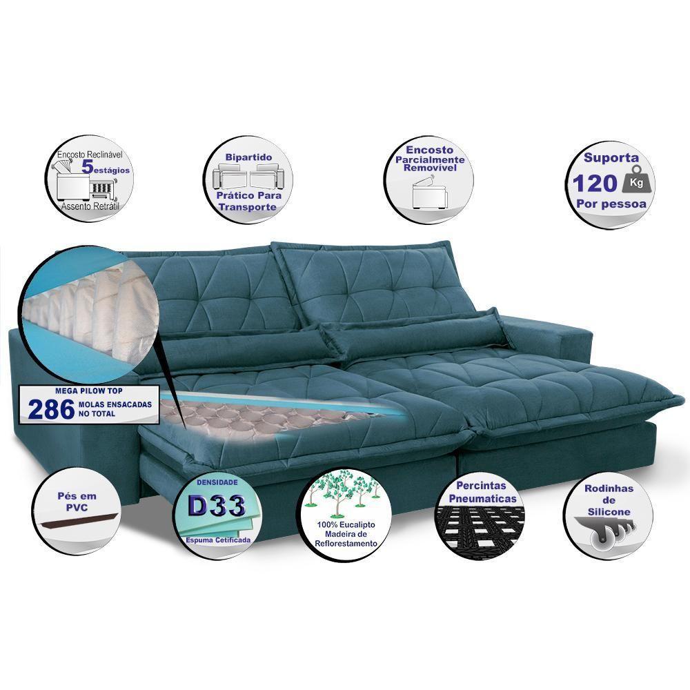 Sofa Retrátil E Reclinável 2,72m Com Molas Ensacadas Cama Inbox Soft Tecido Suede Azul - 6