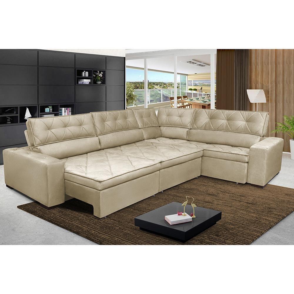 Sofa De Canto Retrátil E Reclinável Com Molas Cama Inbox Austin 3,85x2,64 Ou 2,64x3,85 Velusoft Bege - 1
