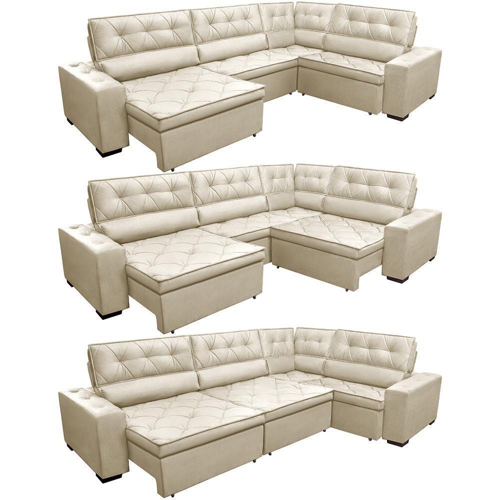 Sofa De Canto Retrátil E Reclinável Com Molas Cama Inbox Austin 3,85x2,64 Ou 2,64x3,85 Velusoft Bege - 2