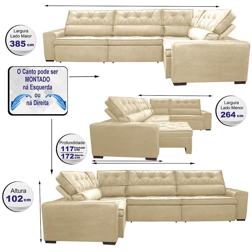 Sofa De Canto Retrátil E Reclinável Com Molas Cama Inbox Austin 3,85x2,64 Ou 2,64x3,85 Velusoft Bege - 8