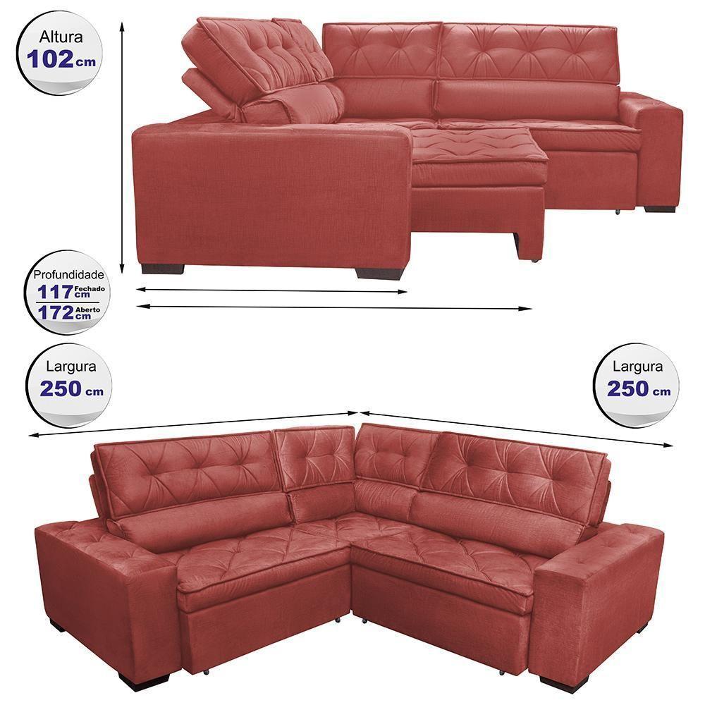 Sofa De Canto Retrátil E Reclinável Com Molas Cama Inbox Austin 2,50m X 2,50m Velusoft Vermelho - 7