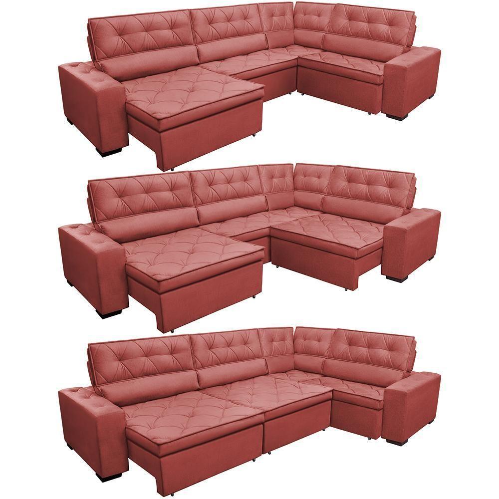Sofa De Canto Retrátil E Reclinável Cama Inbox Austin 3,65x2,54 Ou 2,54x3,65 Velusoft Vermelho - 2