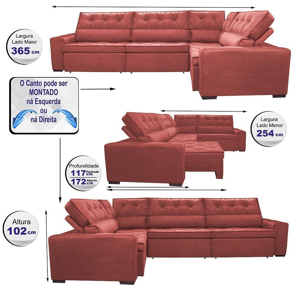 Sofa De Canto Retrátil E Reclinável Cama Inbox Austin 3,65x2,54 Ou 2,54x3,65 Velusoft Vermelho - 8