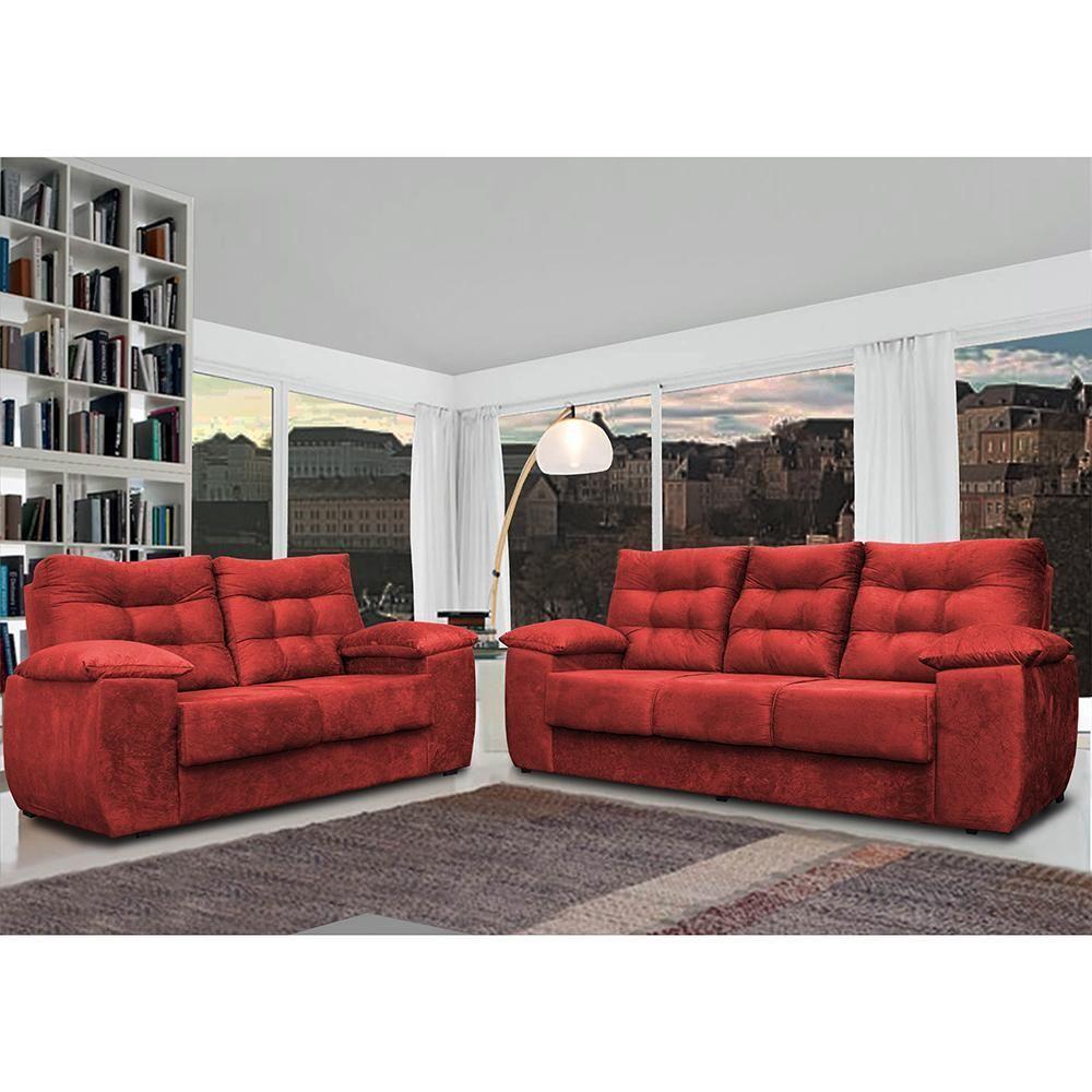 Conjunto Sofá Luxemburgo 3 E 2 Lugares 1,52m E 2,02m Suede Vermelho - 1