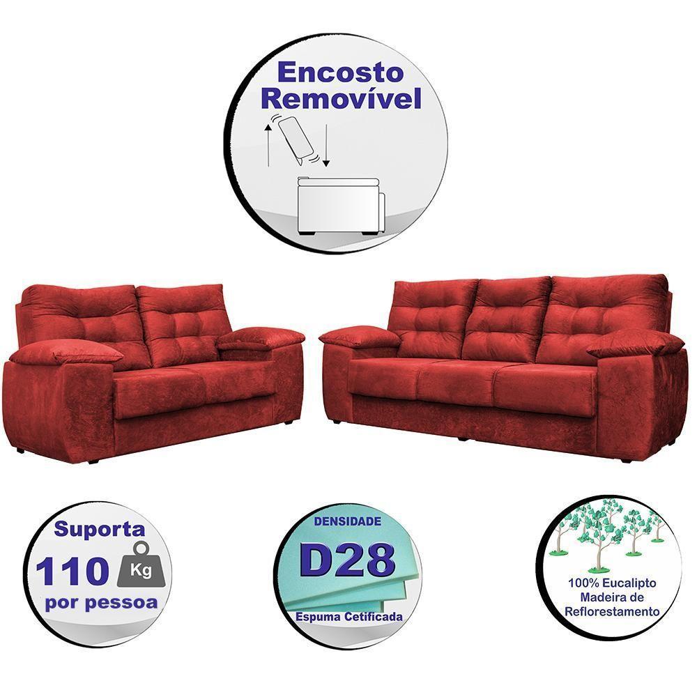 Conjunto Sofá Luxemburgo 3 E 2 Lugares 1,52m E 2,02m Suede Vermelho - 5