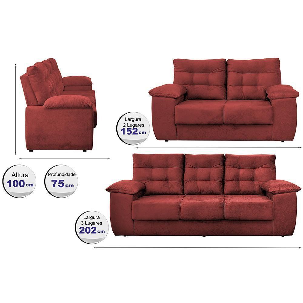 Conjunto Sofá Luxemburgo 3 E 2 Lugares 1,52m E 2,02m Suede Vermelho - 6