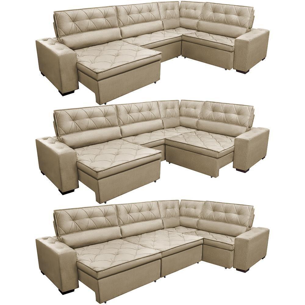 Sofa De Canto Retrátil Reclinável De Molas Cama Inbox Austin 3,85x2,64 Ou 2,64x3,85 Velusoft Castor - 2