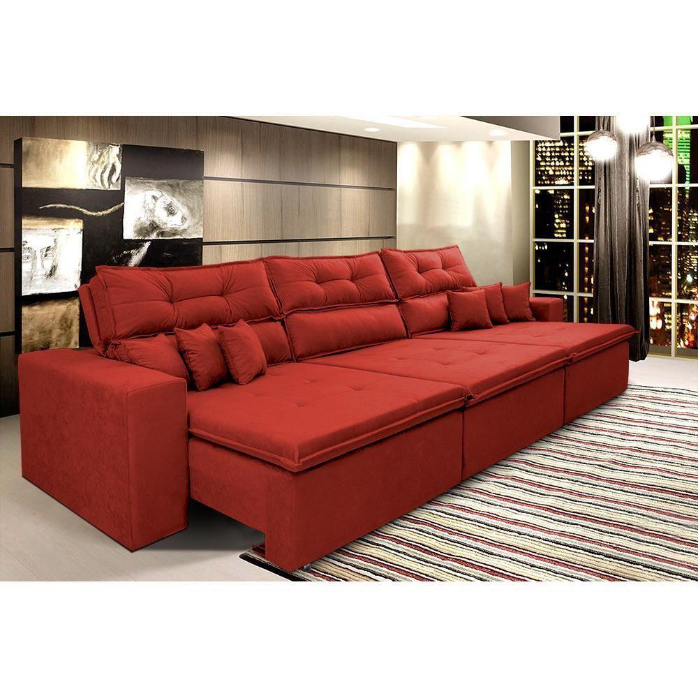 Sofá Cairo 3,82m Retrátil, Reclinável Tecido Suede Vermelho - 1