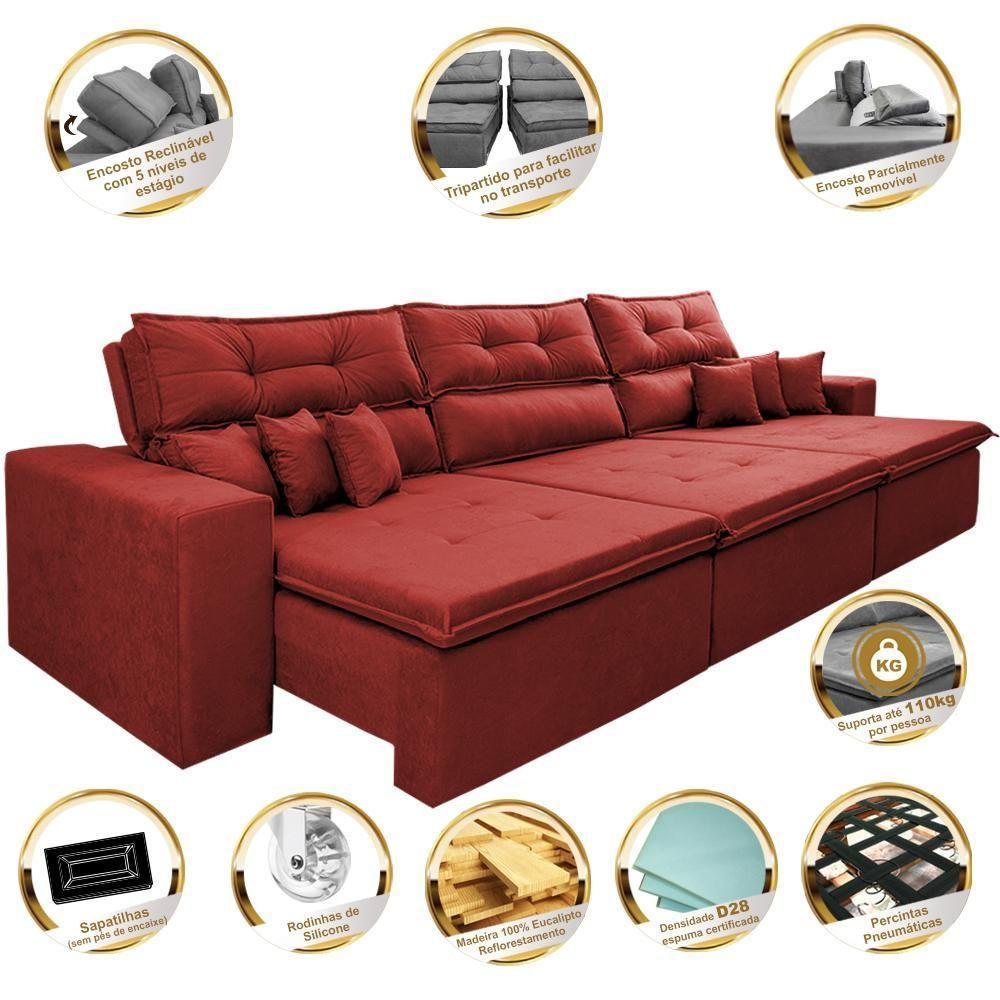 Sofá Cairo 3,82m Retrátil, Reclinável Tecido Suede Vermelho - 7