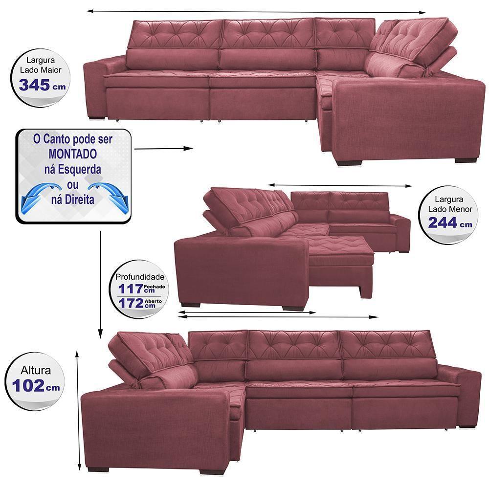 Sofa De Canto Retrátil E Reclinável De Molas Cama Inbox Austin 3,45x2,44 Ou 2,44x3,45 Velusoft Vinho - 8