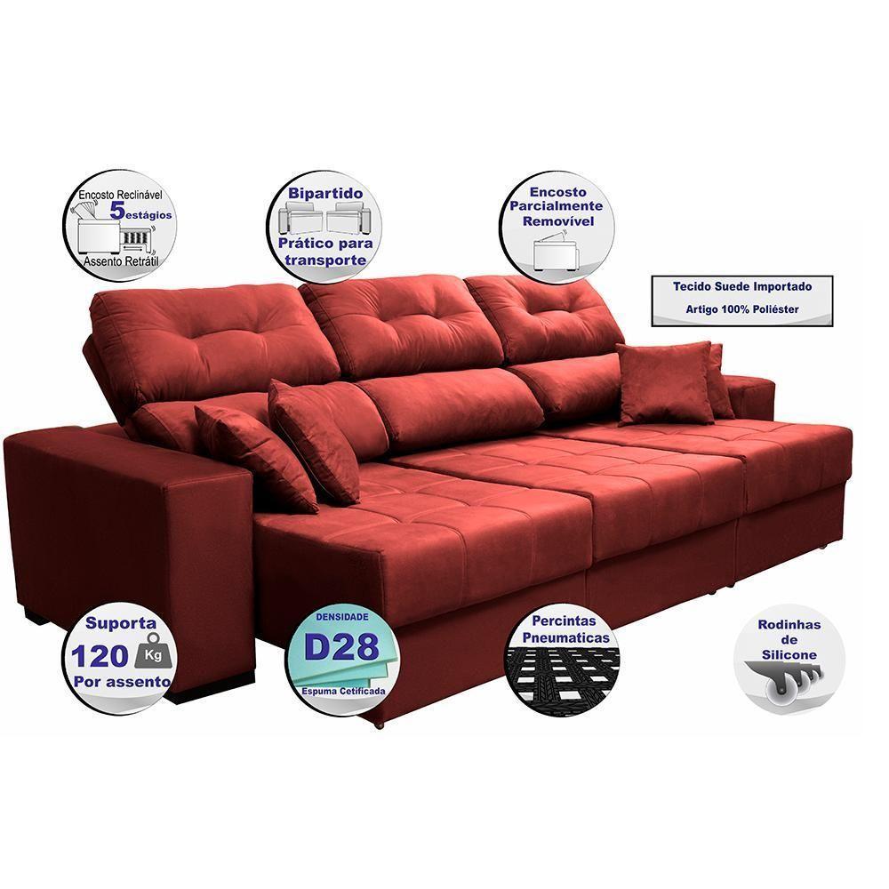 Sofá Retrátil E Reclinável Cama Inbox Diamond 2,52m Tecido Suede Velusoft Vermelho - 7
