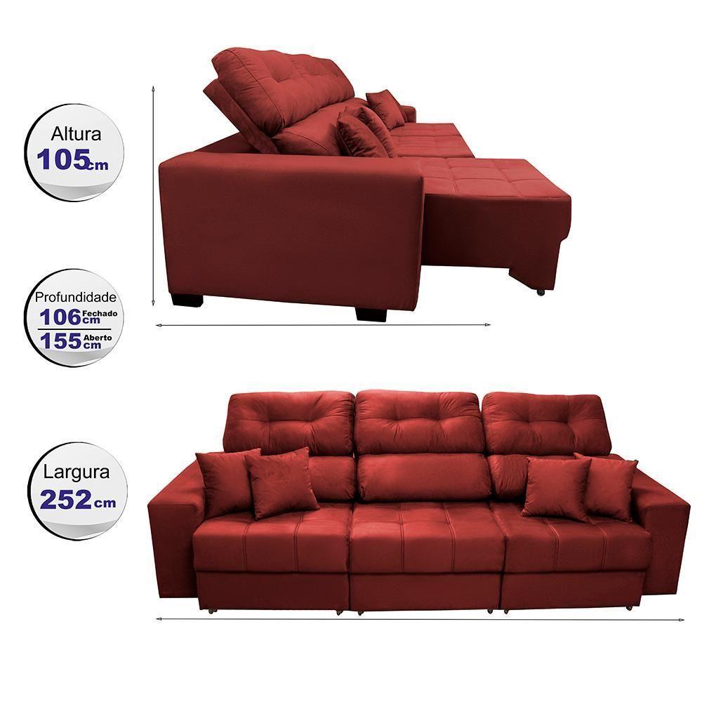 Sofá Retrátil E Reclinável Cama Inbox Diamond 2,52m Tecido Suede Velusoft Vermelho - 8