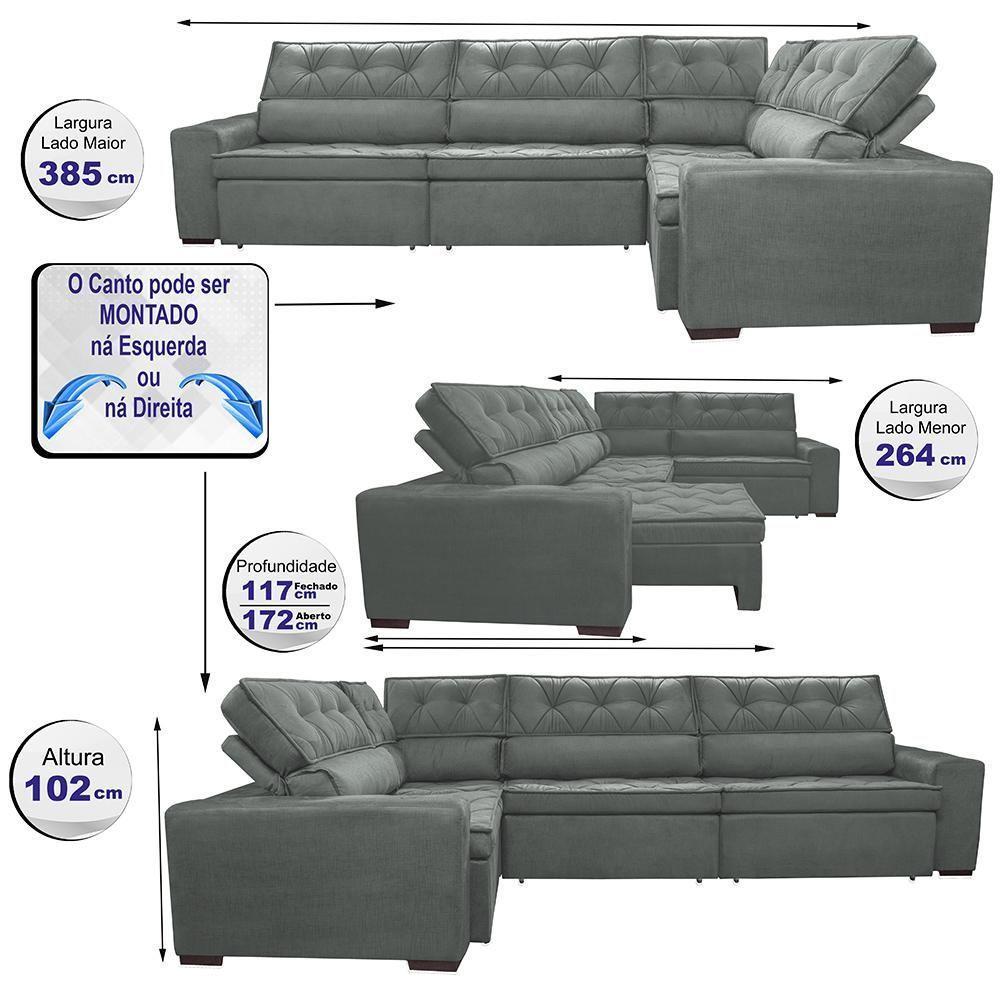 Sofa De Canto Retrátil E Reclinável De Molas Cama Inbox Austin 3,85x2,64 Ou 2,64x3,85 Velusoft Cinza - 8