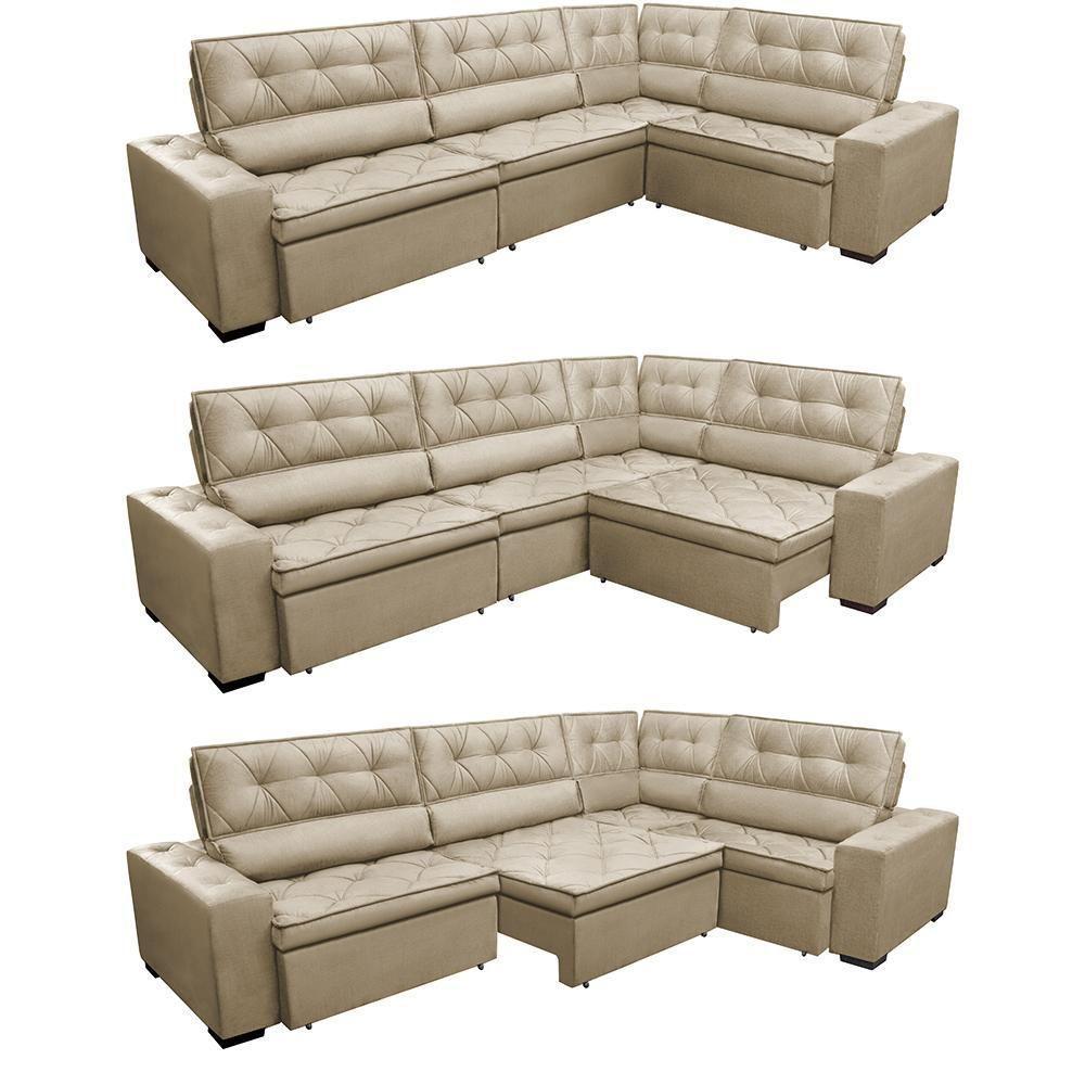 Sofa De Canto Retrátil Reclinável De Molas Cama Inbox Austin 3,65x2,54 Ou 2,54x3,65 Velusoft Castor - 3
