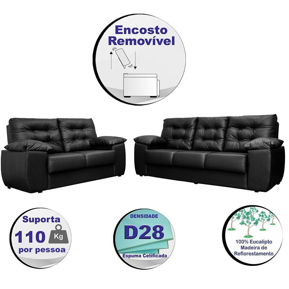Conjunto Sofá Luxemburgo 3 E 2 Lugares 1,52m E 2,02m Courino Preto - 5