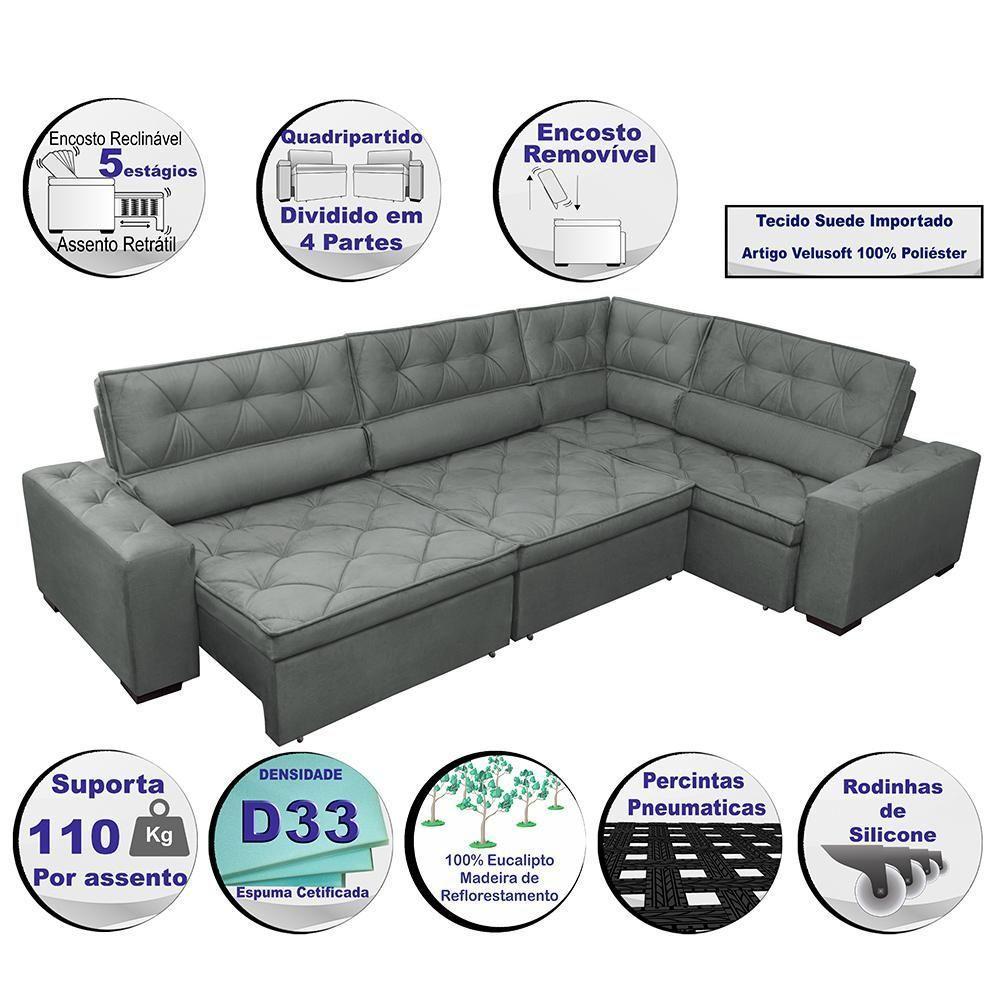 Sofa De Canto Retrátil E Reclinável De Molas Cama Inbox Austin 3,45x2,44 Ou 2,44x3,45 Velusoft Cinza - 7