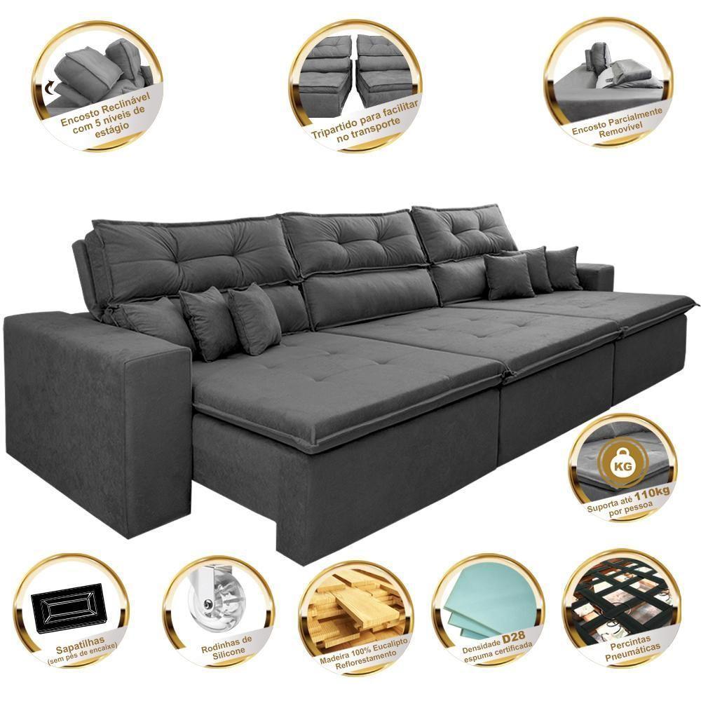 Sofá Cairo 3,52m Retrátil, Reclinável Tecido Suede Cinza Cama Inbox - 7