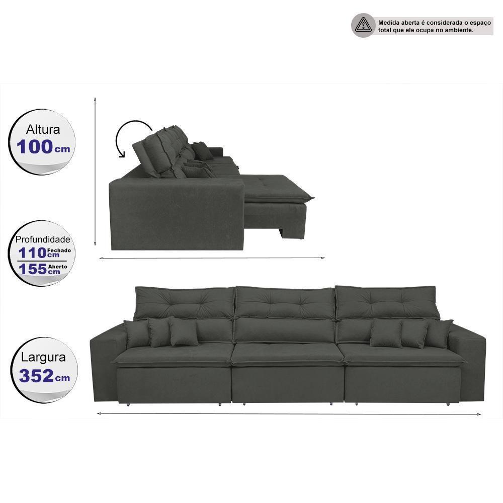 Sofá Cairo 3,52m Retrátil, Reclinável Tecido Suede Cinza Cama Inbox - 8