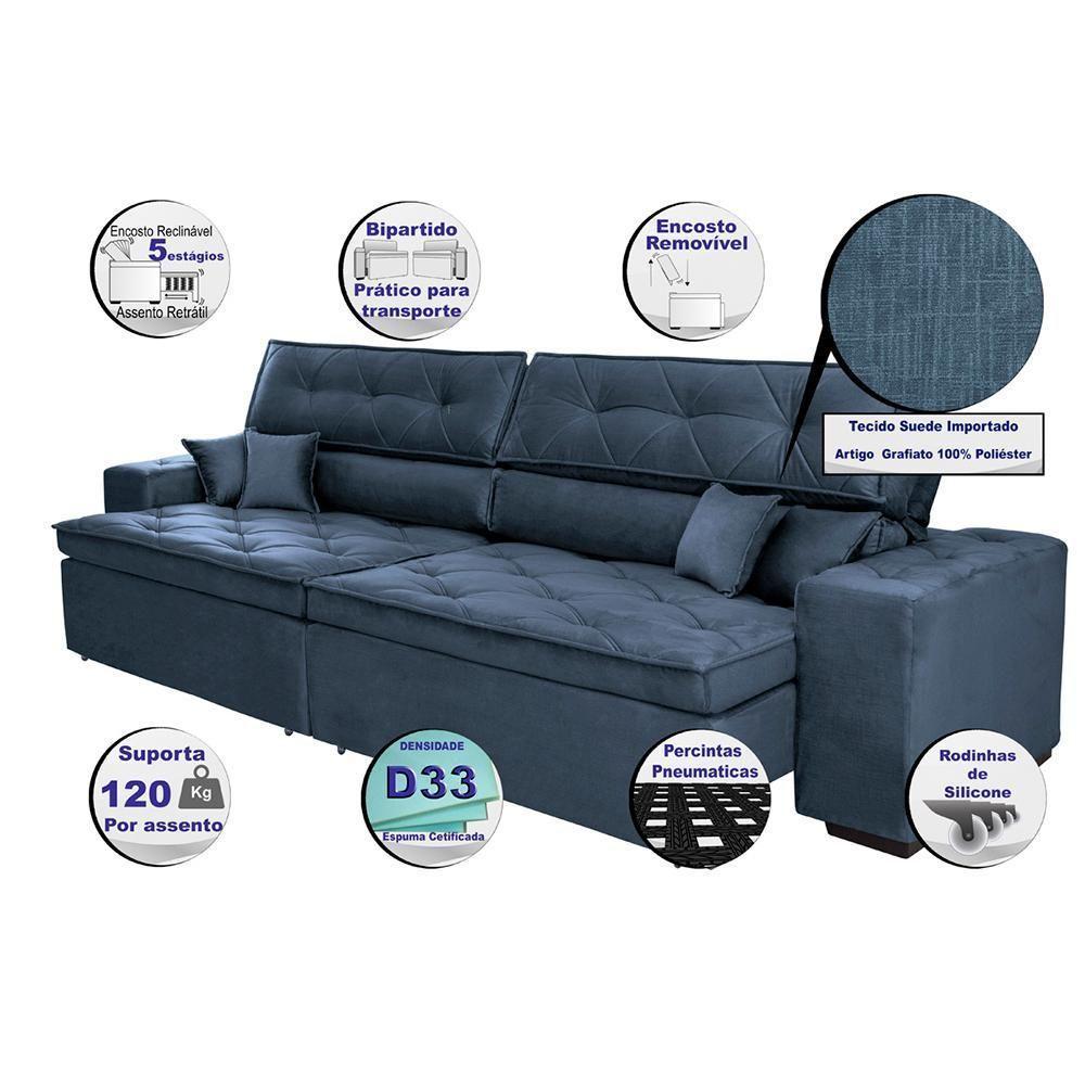 Sofá Austin 3,02m Retrátil, Reclinável Com Molas No Assento E Almofadas, Suede Azul Cama Inbox - 2