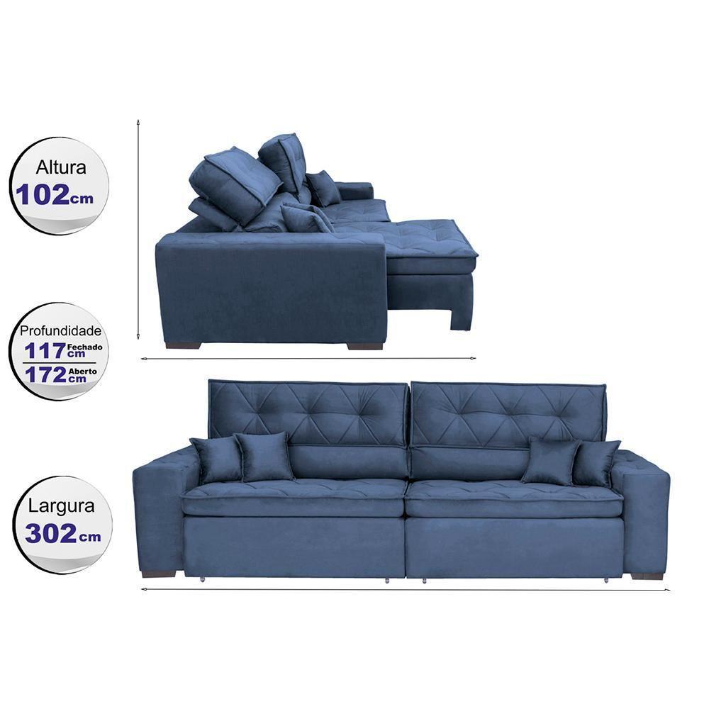 Sofá Austin 3,02m Retrátil, Reclinável Com Molas No Assento E Almofadas, Suede Azul Cama Inbox - 8