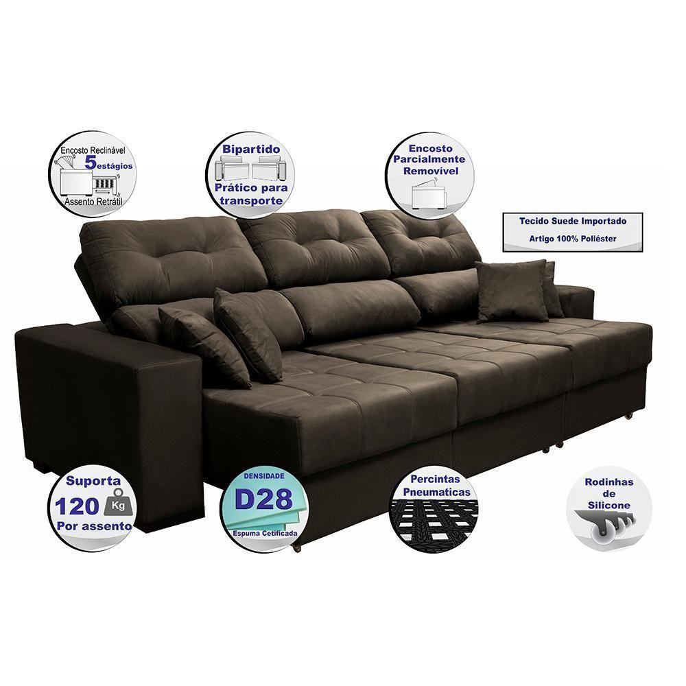Sofá Retrátil E Reclinável Cama Inbox Diamond 2,72m Tecido Suede Velusoft Café - 8