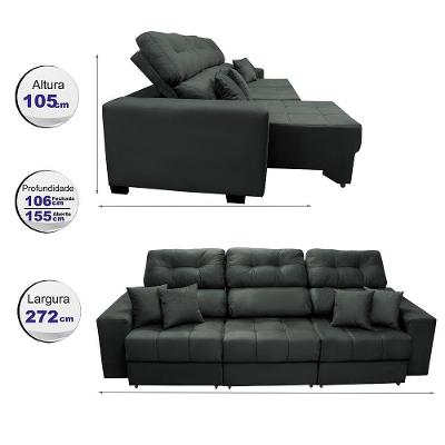 Sofá Retrátil E Reclinável Cama Inbox Diamond 2,72m Tecido Suede Velusoft Cinza