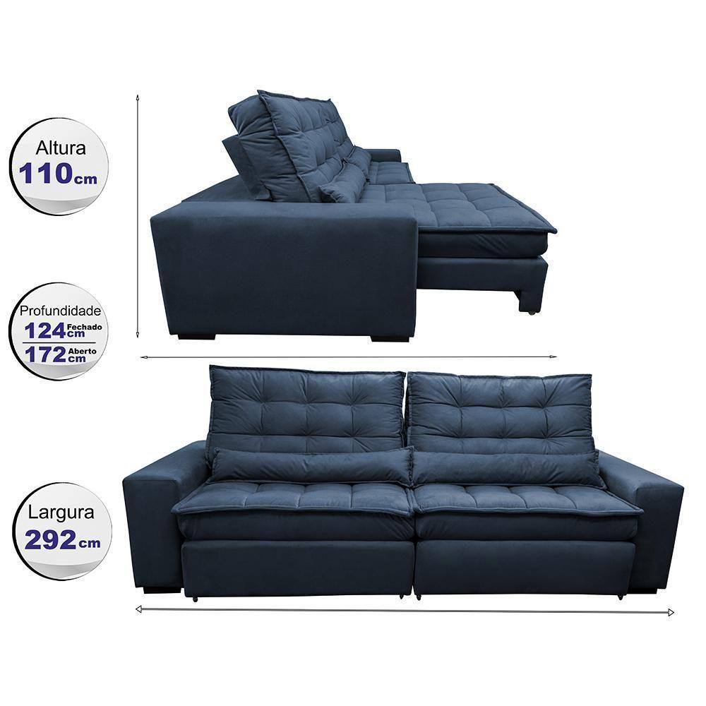 Sofá Retrátil E Reclinável Com Molas Ensacadas Cama Inbox Gold 2,92m Tecido Suede Velusoft Azul - 8