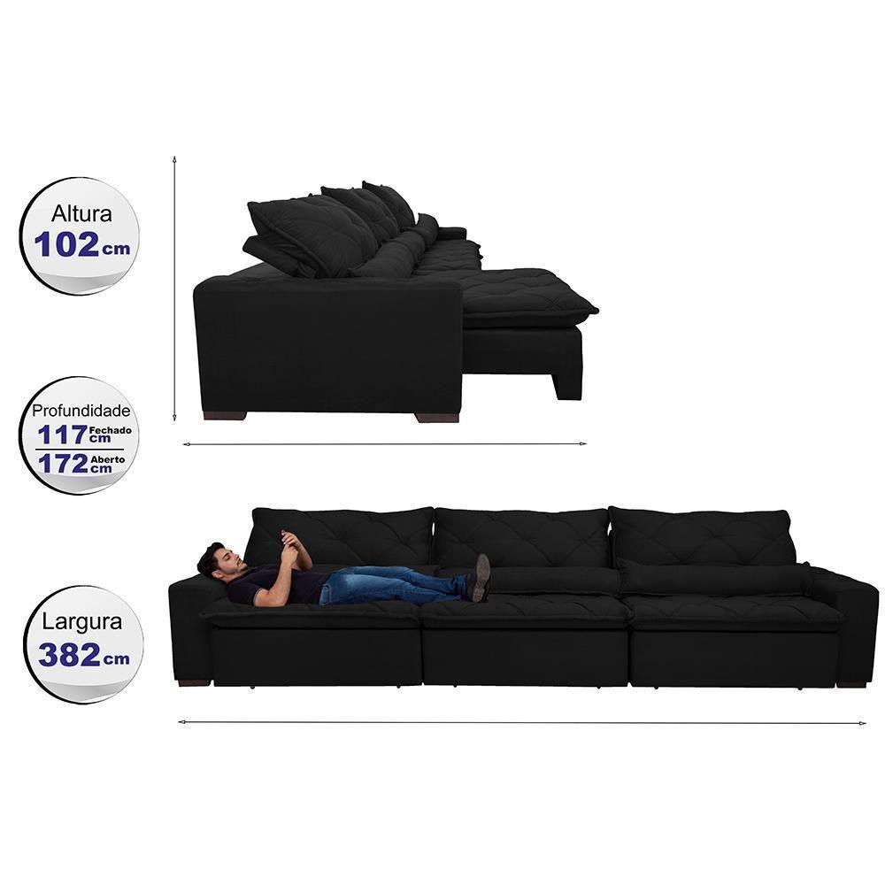 Sofá Lisboa 3,82m Retrátil, Reclinável Com Molas No Assento E Almofadas Lombar Tecido Suede Preto - 8