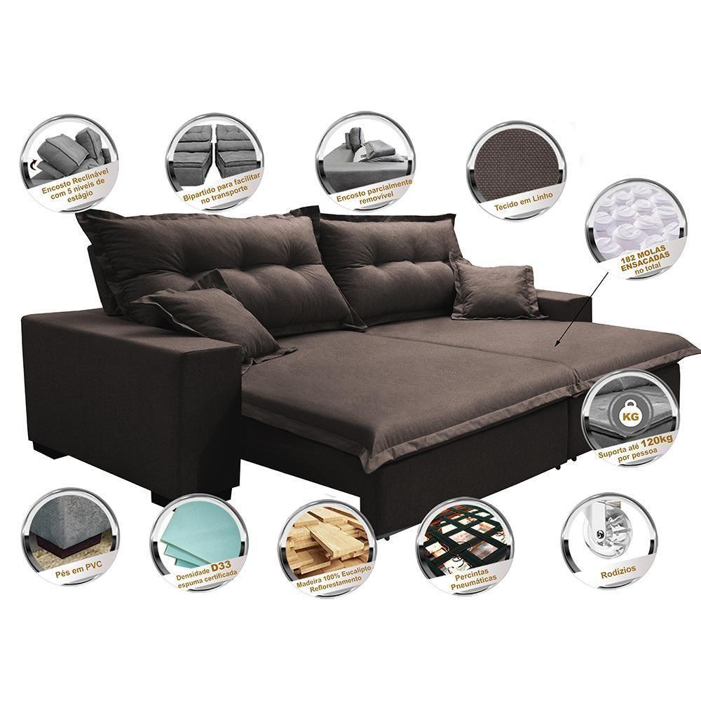 Sofá Retrátil E Reclinável Com Molas Ensacadas Cama Inbox Prime 2,12m Tecido Linho Marrom - 7
