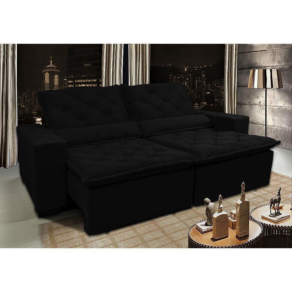 Sofá Lisboa 2,32m Retrátil, Reclinável Com Molas No Assento Tecido Suede Velusoft Preto - Cama Inbox - 1