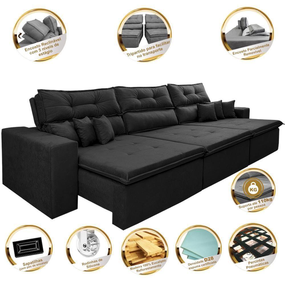 Sofá Cairo 3,52m Retrátil, Reclinável Tecido Suede Preto - 7
