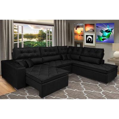 Sofa De Canto Retrátil E Reclinável Com Molas Cama Inbox Platinum 3,00x2,36 Tecido Suede Preto