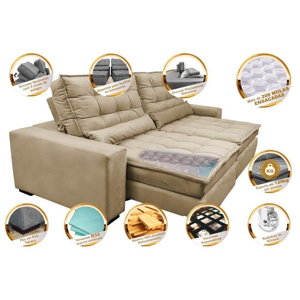 Sofá Retrátil E Reclinável Com Molas Ensacadas Cama Inbox Gold 2,32m Tecido Suede Velusoft Bege - 4