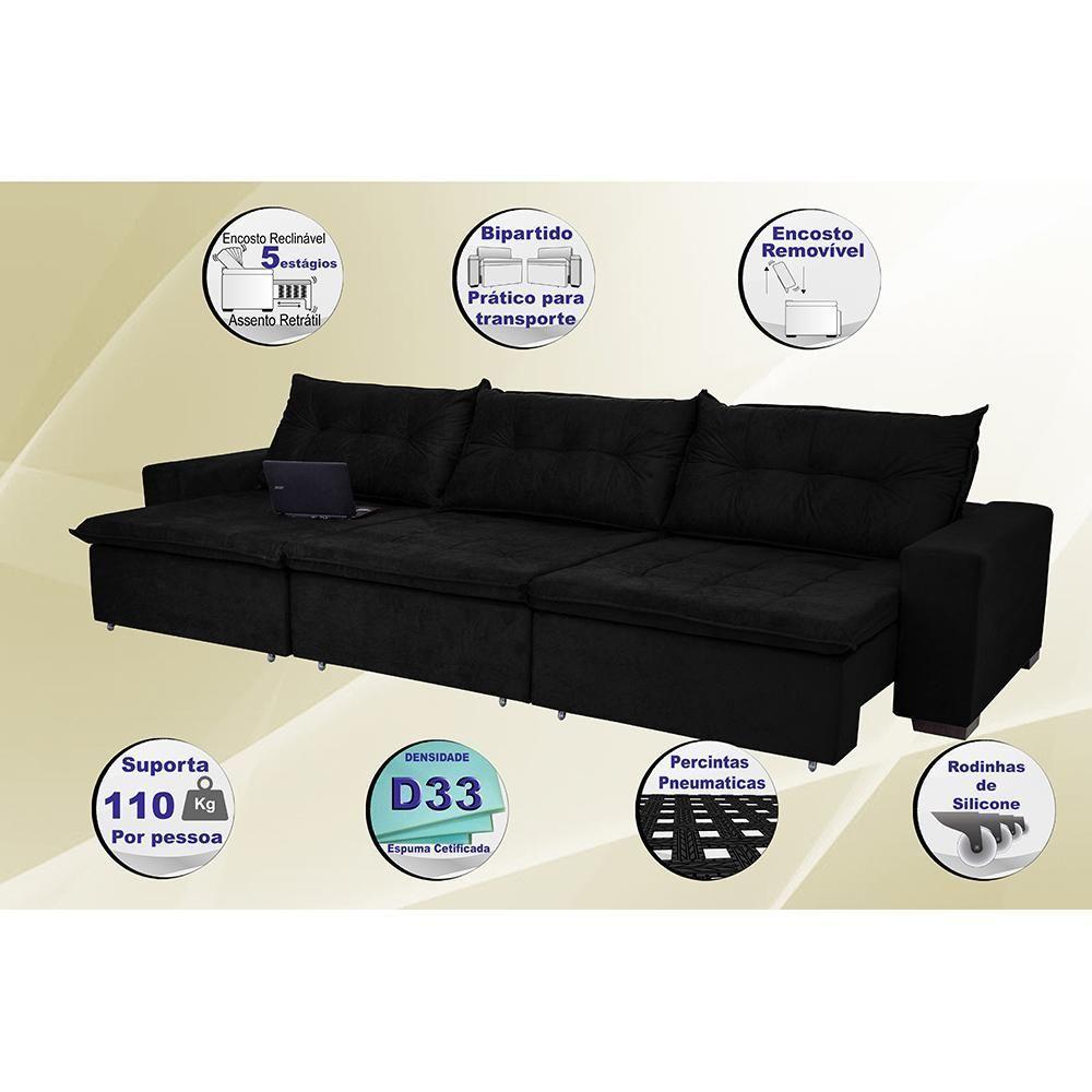 Sofá Austrália 3,82 Mts Retrátil, Reclinável Com Molas E Pillow No Assento Tecido Suede Preto - 3