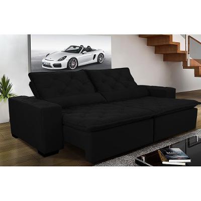 Sofá Magnum 2,02m Retrátil, Reclinável Com Molas E Almofadas Lombar Tecido Suede Velusoft Preto
